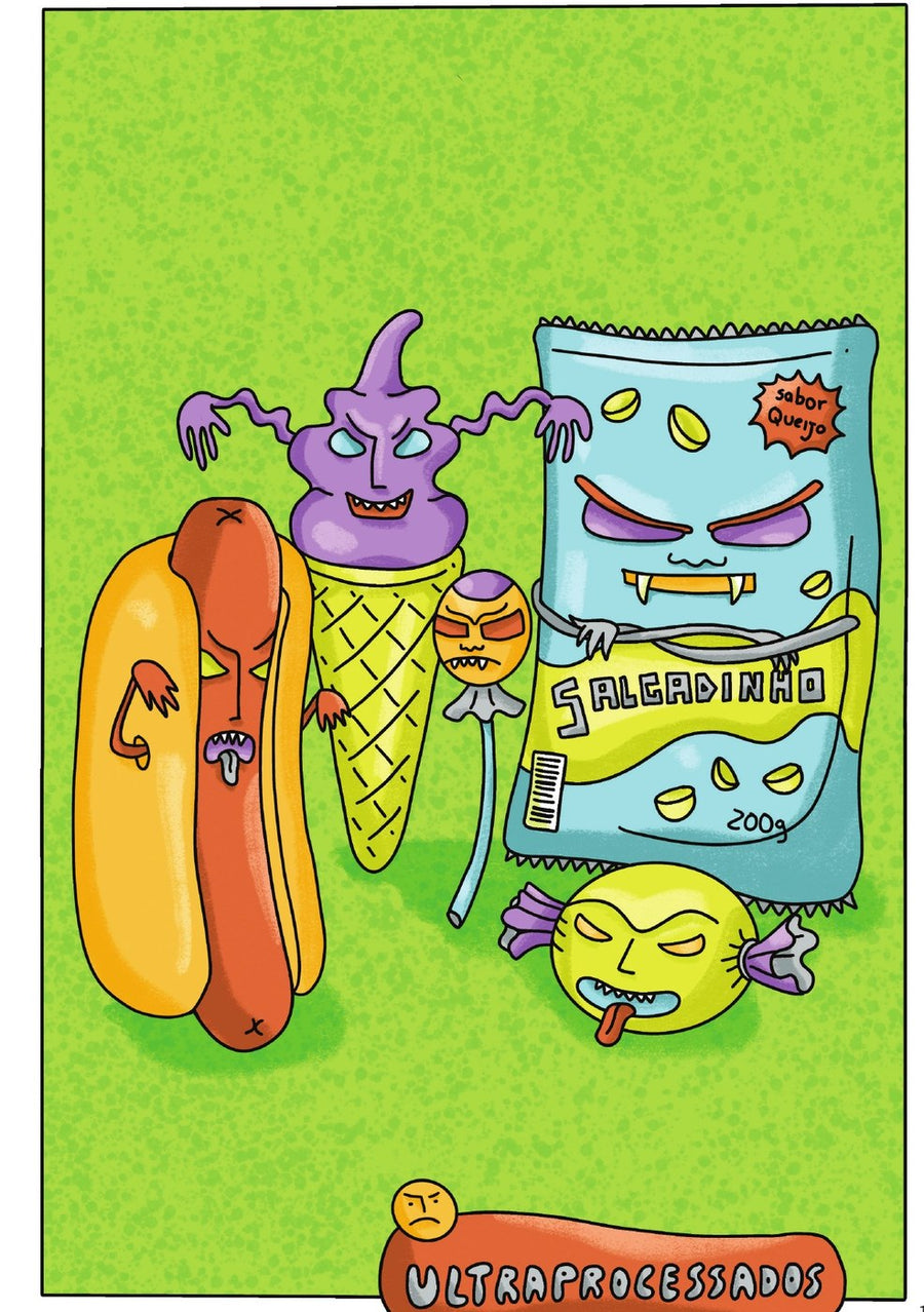 Ilustração do livro Ultra-o-quê? Produtos que imitam comida