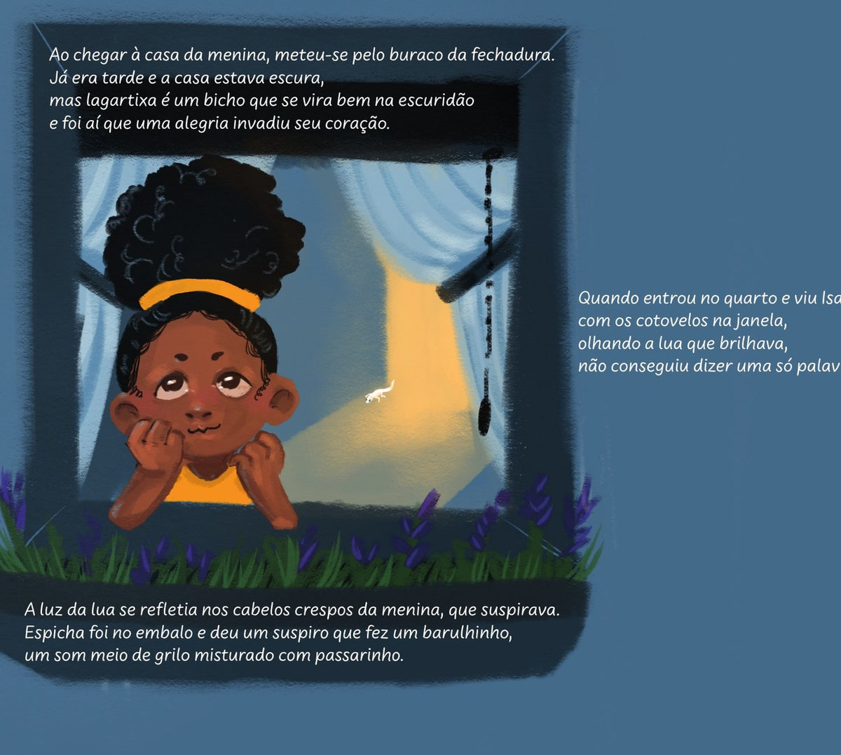 Ilustração do livro Espicha, a lagartixa, e os cabelos de Isabela