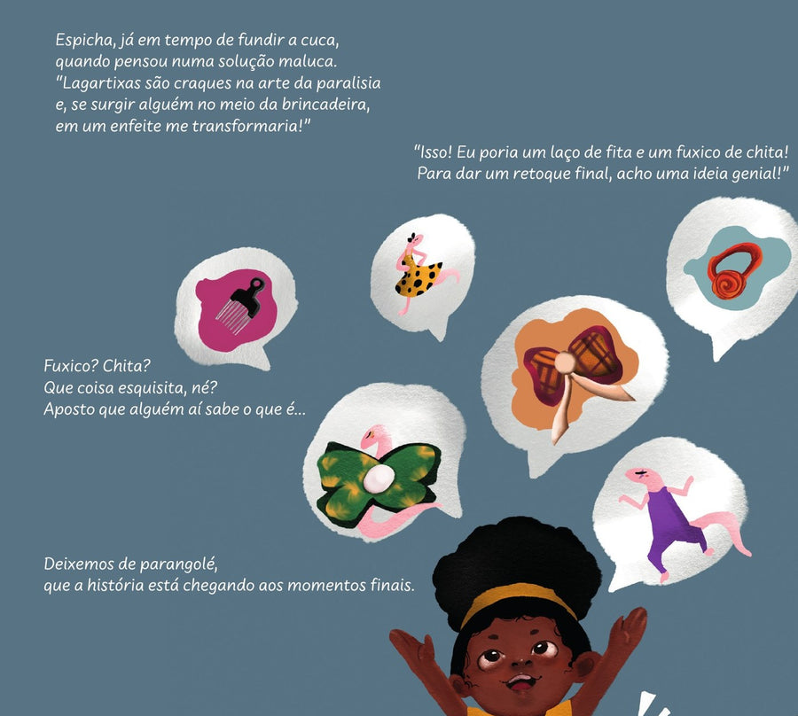 Ilustração do livro Espicha, a lagartixa, e os cabelos de Isabela