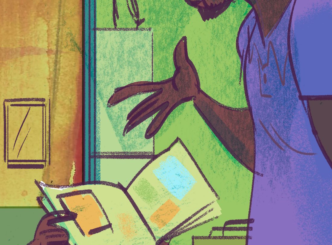 Ilustração de um adulto e uma criança lendo juntos