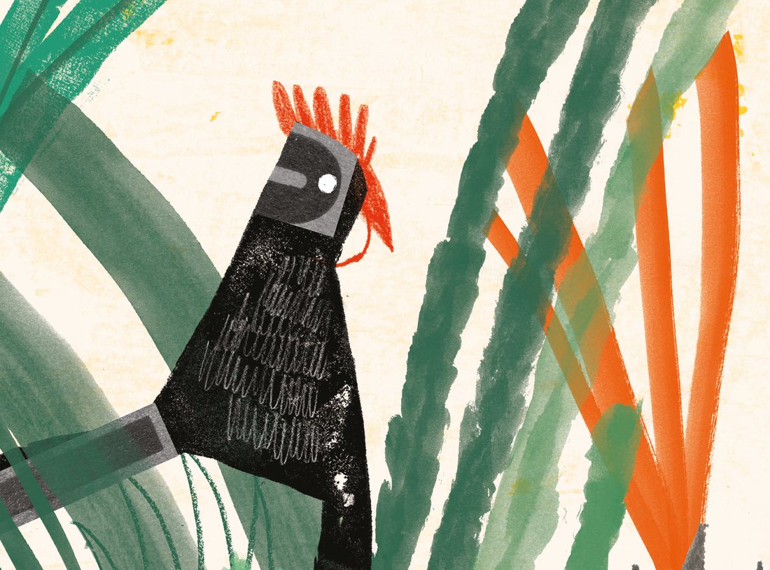 Ilustração de um pássaro preto de crista laranja entre folhagens