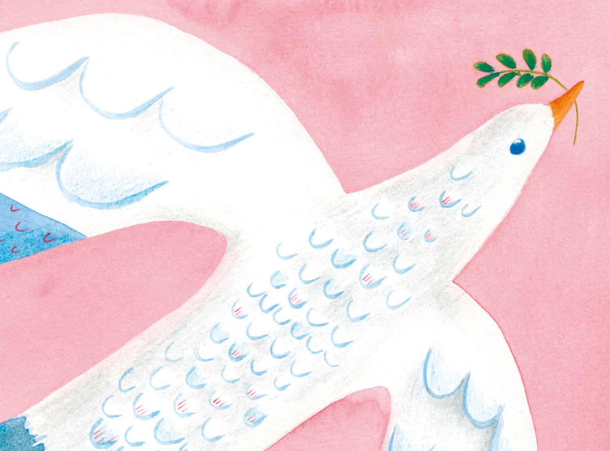 Ilustração de um grande pássaro branco voando sobre um céu rosa levando uma menina, do livro Alto até o céu