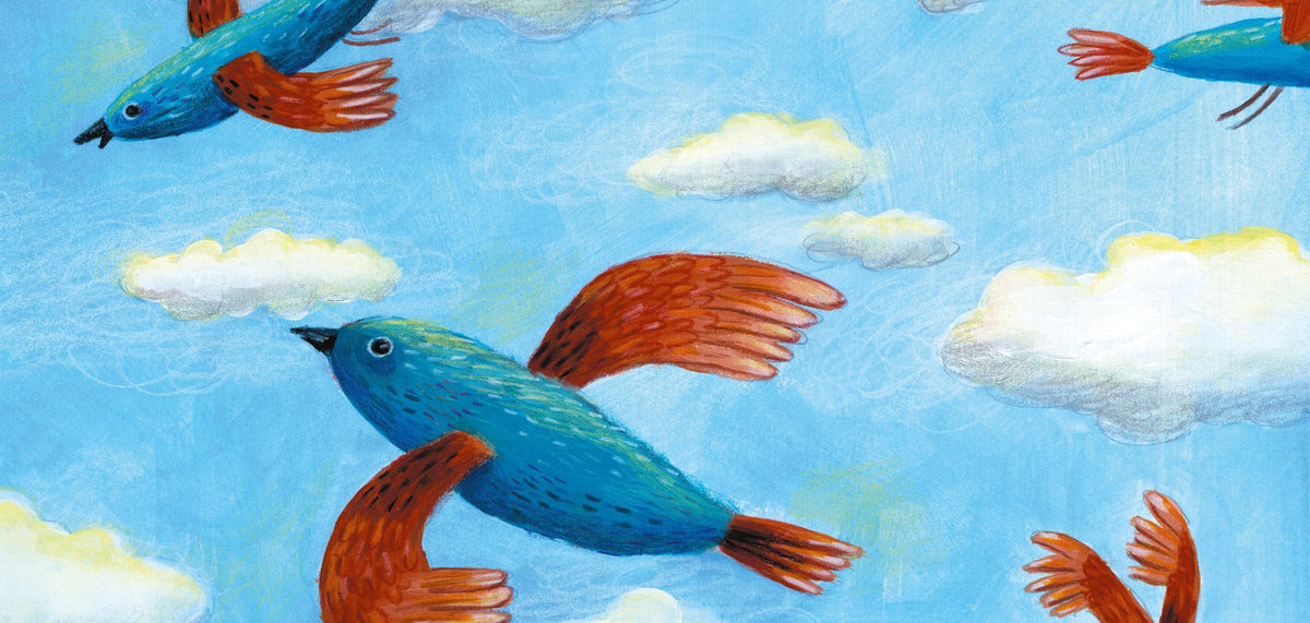 Ilustração de pássaros azuis e laranjas voando num céu de nuvens, do livro Duvião
